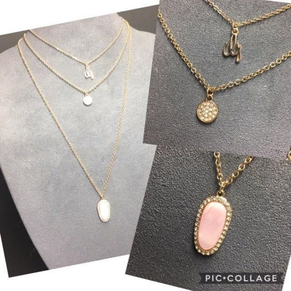 GUESS Triple Strand Necklace Pendant Gold Soft Pink Chain Rhinestone Barbie